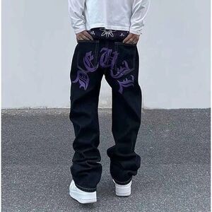 NEW MEN'S XL Hip Hop Denim Baggy BLACK Jeans Purple Accents Loose Fit Wide Leg